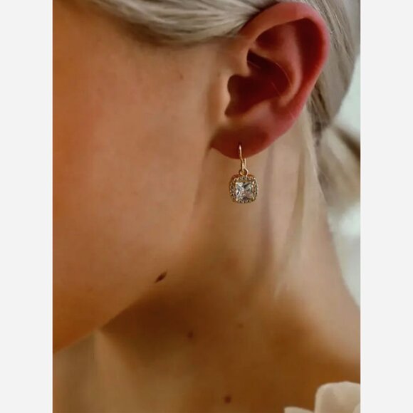 Square CZ Drop Earrings – Gold Plated with Pavé Edge - Picture 3 of 5